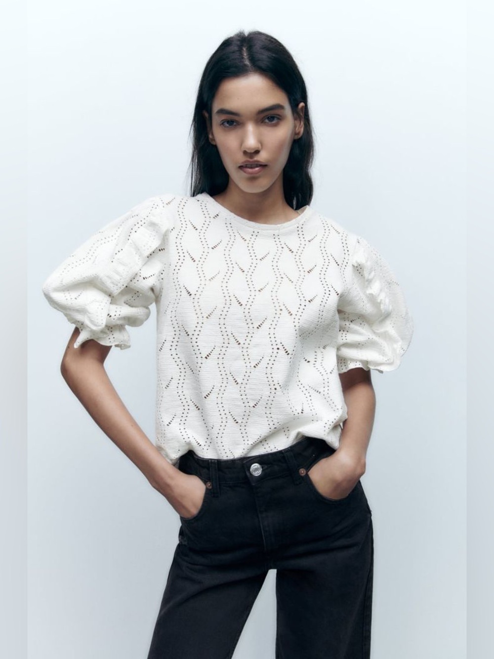 Zara EUC Openwork Eyelet Ruffle Sleeves Top White Size